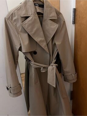 Zara Timeless Classic Taupe double breasted Trench Coat water repellant